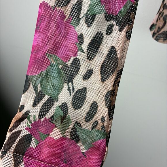 Womens Mixed Print Mesh Sheer Long Sleeve Top Sz S Animal Print Rose Party Rave - Picture 4 of 7